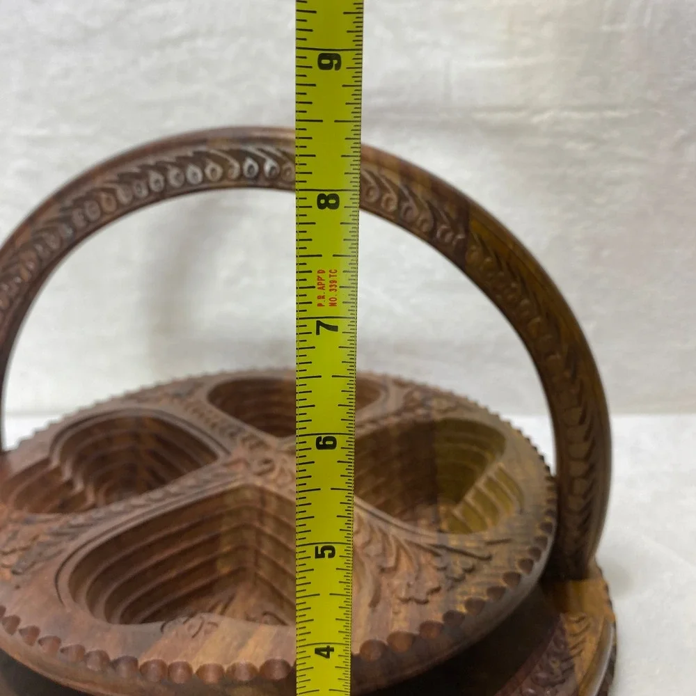Hand Carved Collapsible‎ Wooden Fruit Basket Heart Design 4 Compartment Trivet